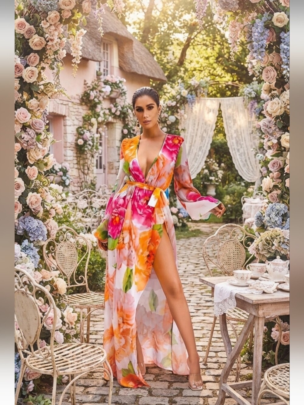 FLORAL BOHEMIAN MAXI HIGH SLIT DRESS